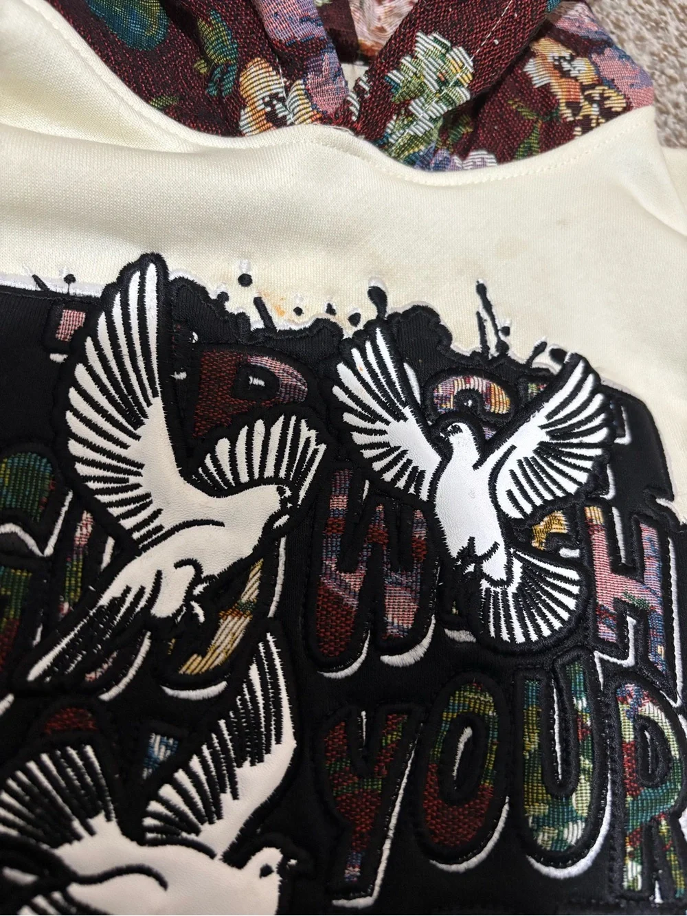 Cream Hooded Sweatshirt with Floral Sleeves and Dove Graphic
